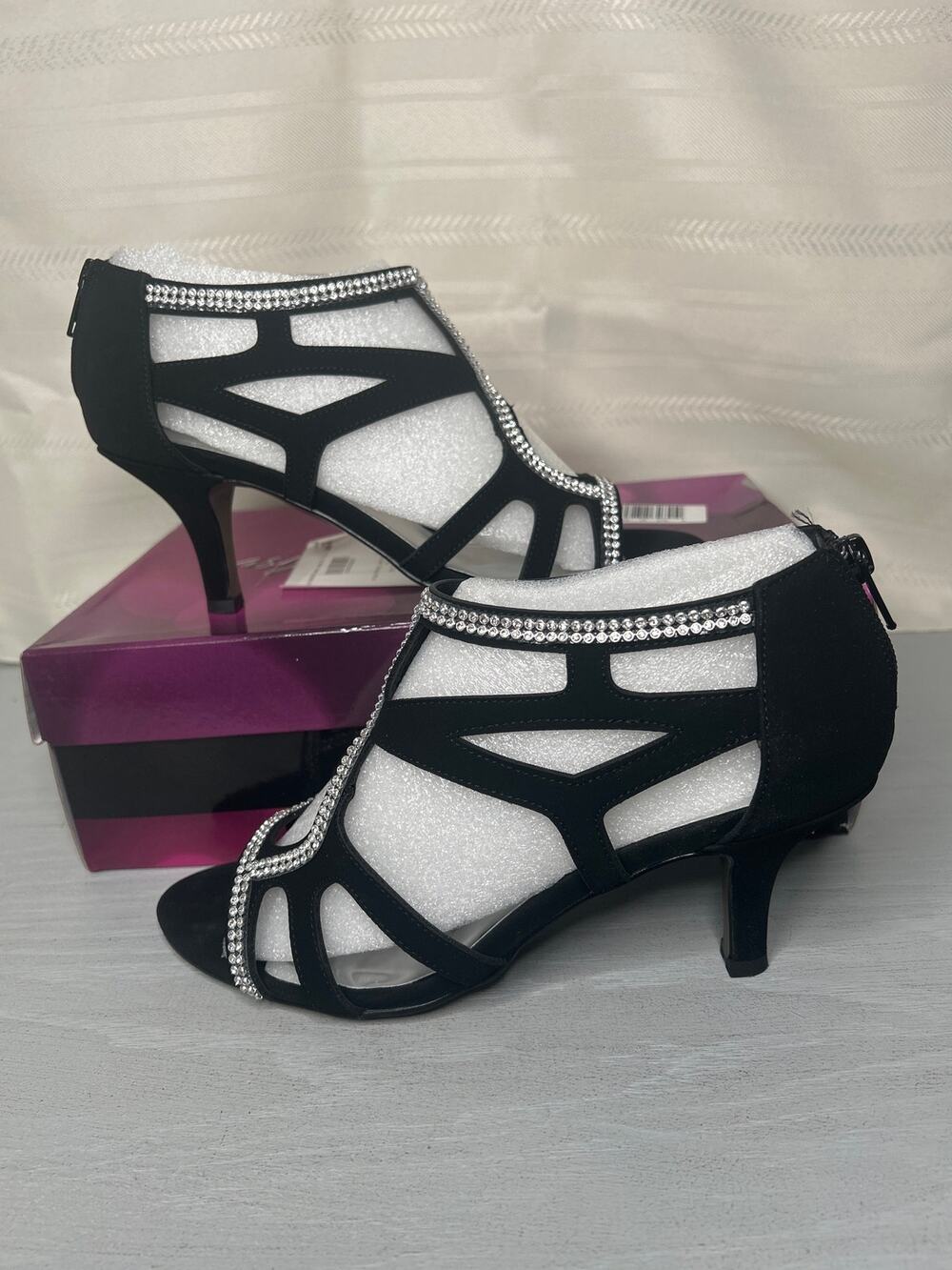 Easy Street Flattery Rhinestone Evening Dress Heels Black Womens Size 9
